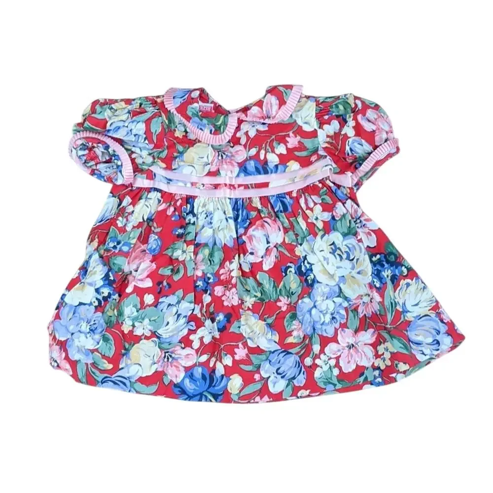 Vintage Girls Polly Flinders 18M 80s Red Pink Floral Babydoll Style Dress EUC